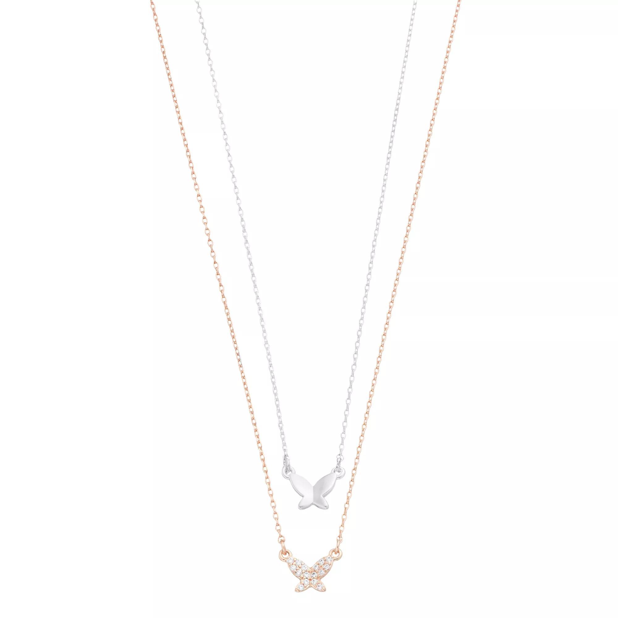 City Luxe Two-Tone Cubic Zirconia Butterfly Duo Necklace Set, Women's, Two Tone Clear Product Image