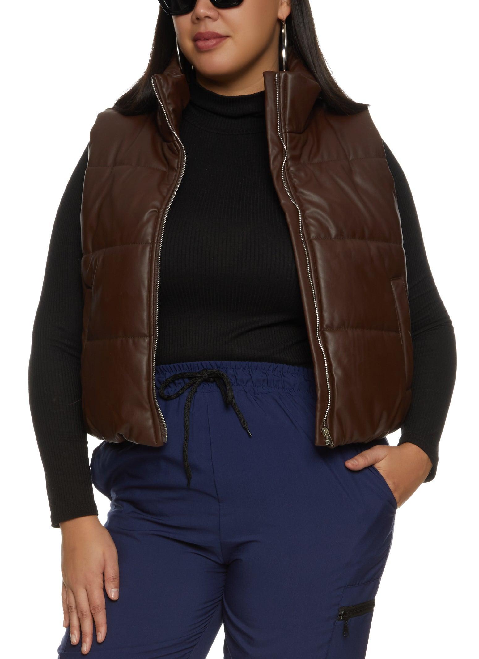 Womens Plus Size Faux Leather Zip Front Puffer Vest Product Image