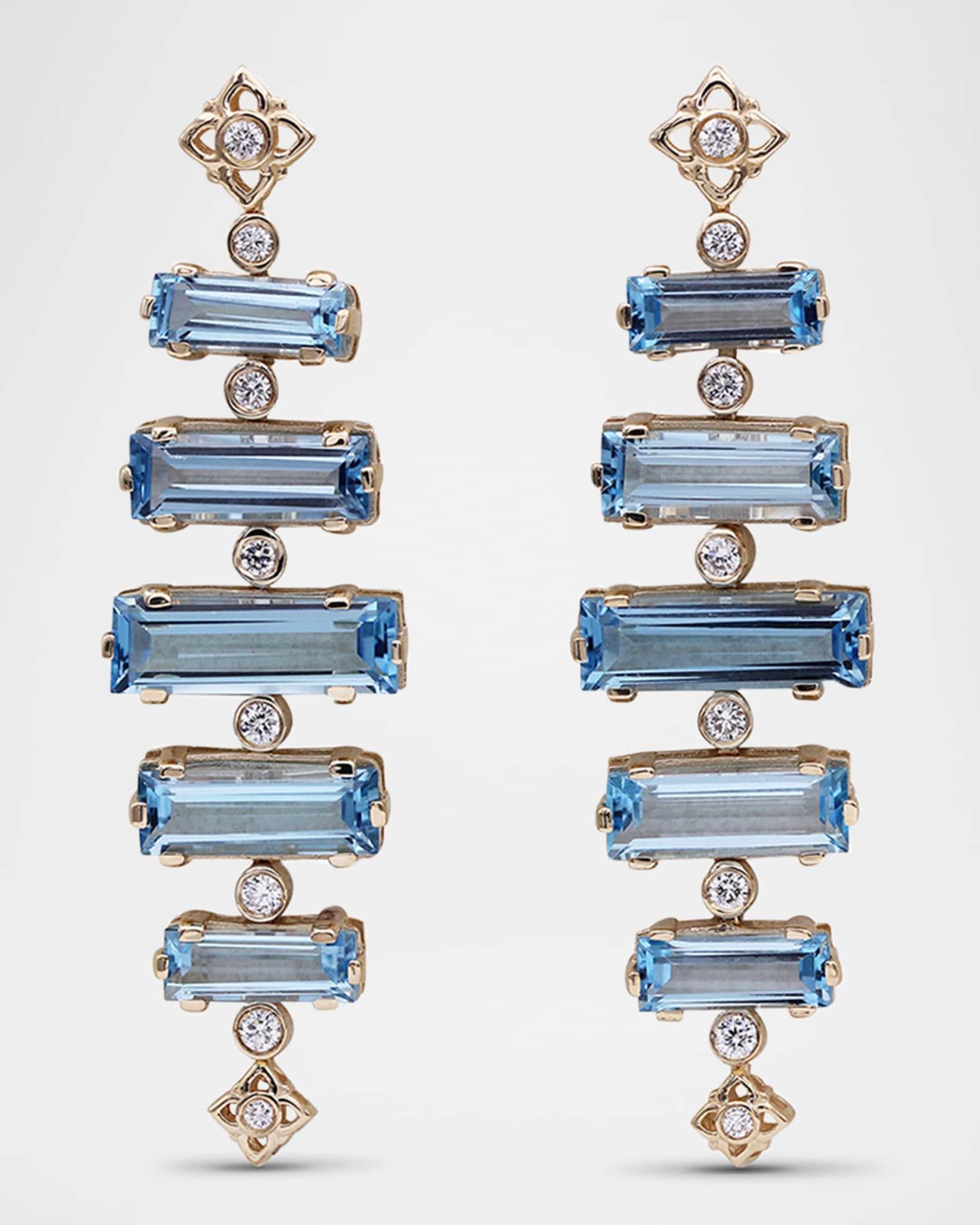 18K Yellow Gold Diamond and Baguette Swiss Blue Topaz Dangle Earrings Product Image