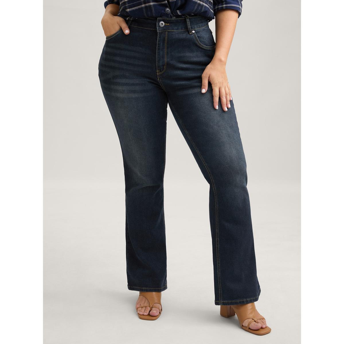Plus Size Bootcut Very Stretchy Mid Rise Medium Wash Sculpt Waist Jeans Women Darkindigo Elegant Plain Non High stretch Slanted pocket Jeans BloomChic 20/2X Product Image