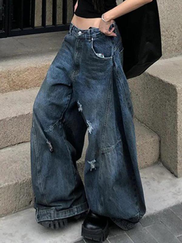 Retro Distressed Dirty Dyed Wide Legs Boyfriend Jeans Product Image