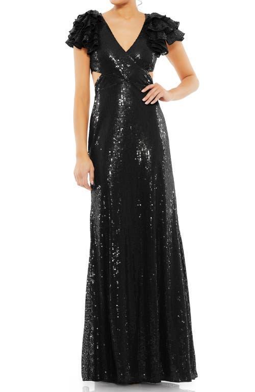 Mac Duggal V-Neck Ruffle Cap Sleeve Cut-Out Open Strappy Corset Back Gown Product Image