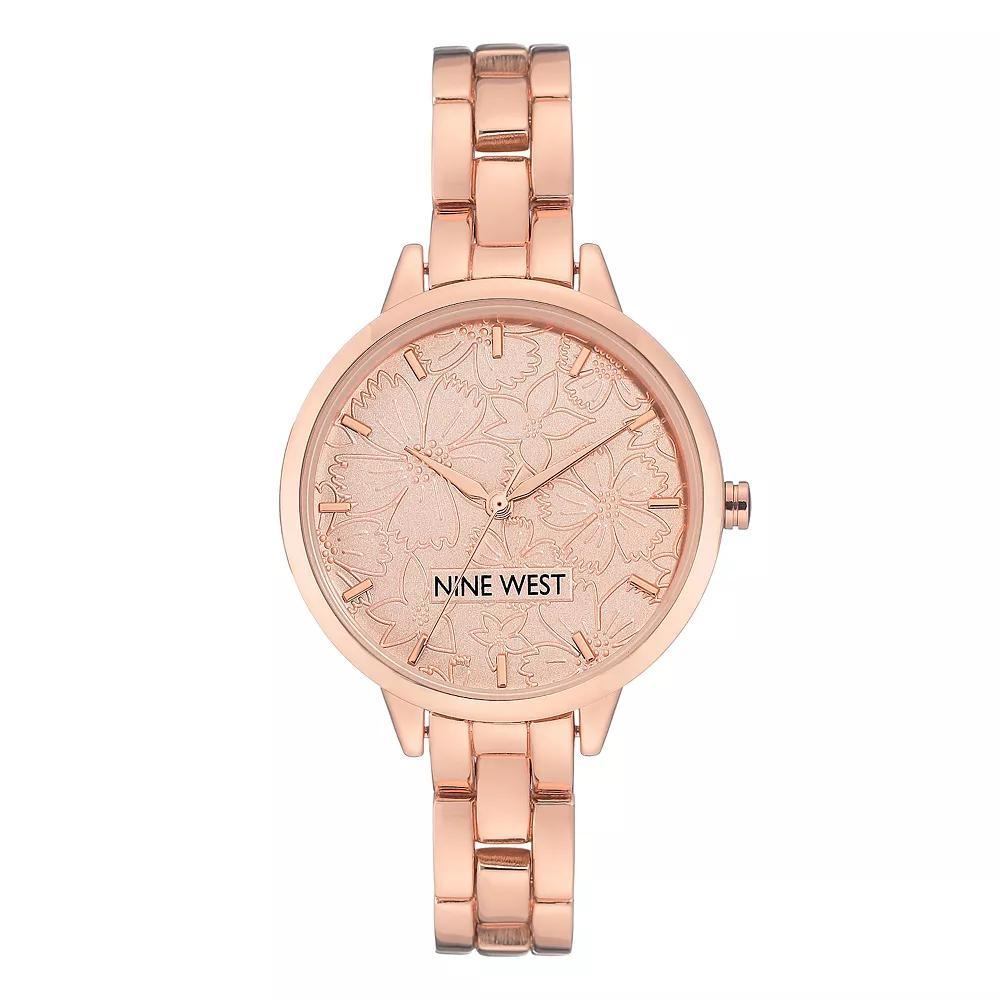 Nine West Women's Rose Gold Tone Bracelet Watch with Etched Flower Dial, Size: Medium, Rosegold Product Image