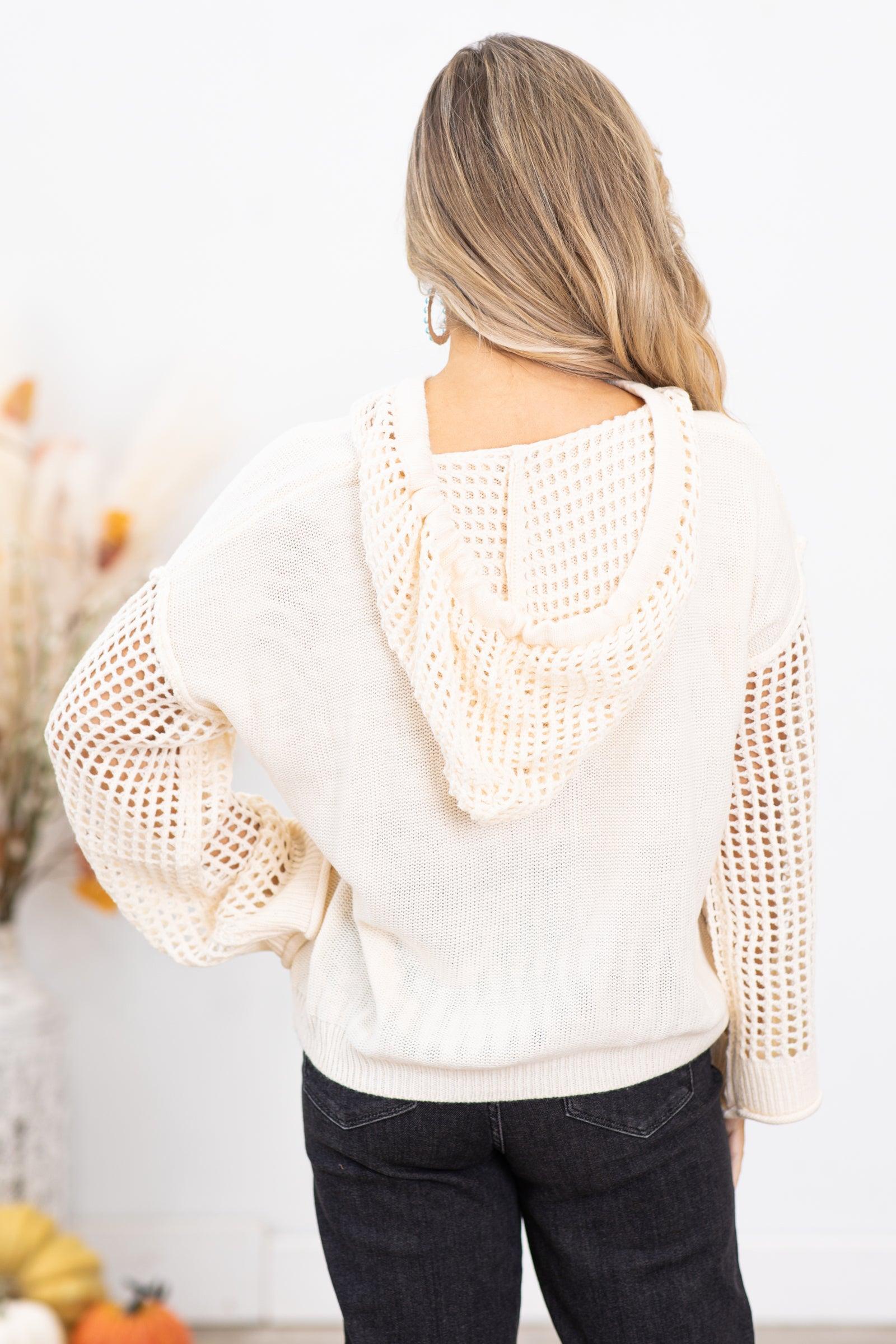 Cream Fishnet Bell Sleeve Hooded Pullover Product Image