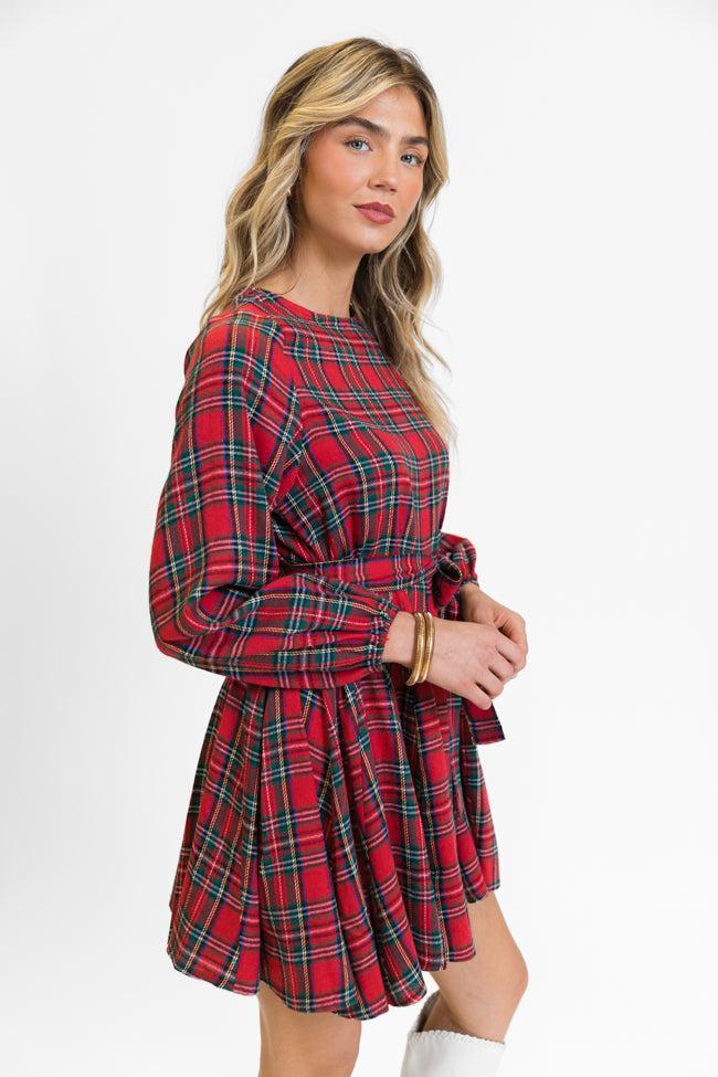 Snowball Effect Red Plaid Tie Belt Mini Dress FINAL SALE Product Image