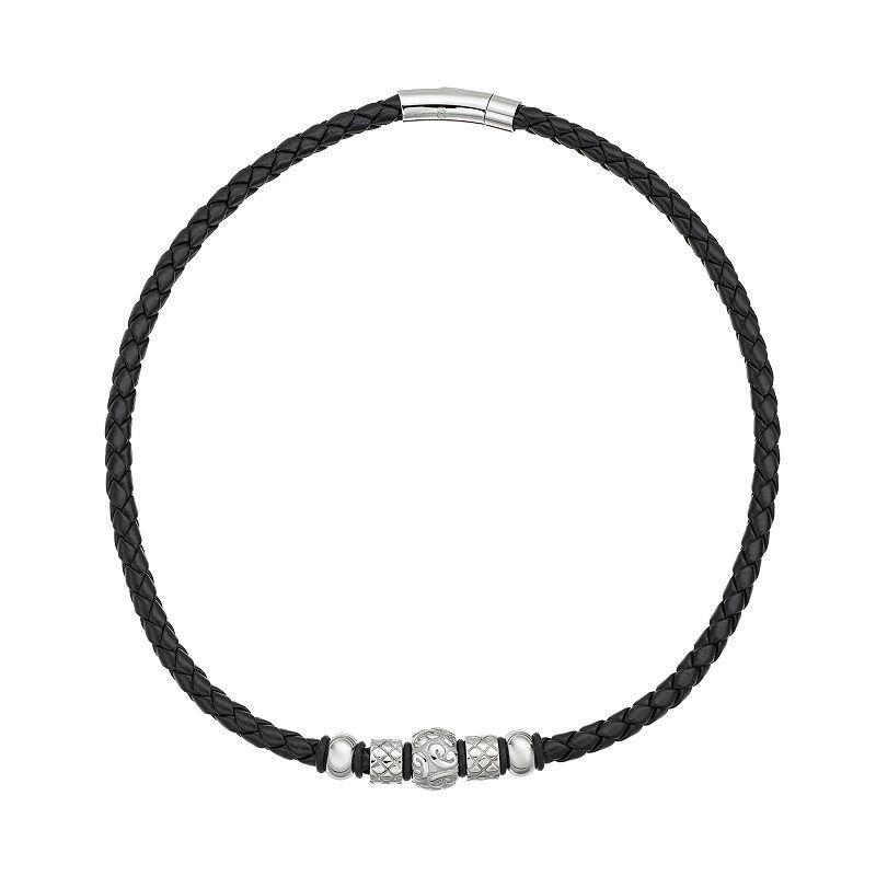 Stainless Steel and Leather Bead Necklace - Men, Mens Black Product Image