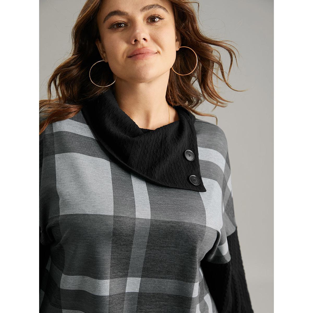 Plus Size Plaid Patchwork Mock Neck Button Detail Sweatshirt Women Black Casual Contrast Mock Neck Dailywear Sweatshirts BloomChic 18-20/2X Product Image
