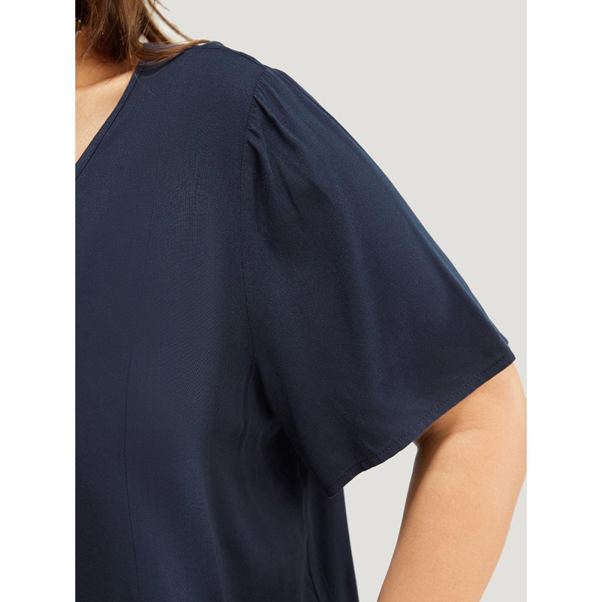 Plus Size Indigo Solid Pleated Detail Tie Neck Ruffle Blouse Women Office Short sleeve Tie Neck Dailywear Blouses BloomChic 22-24/3X Product Image