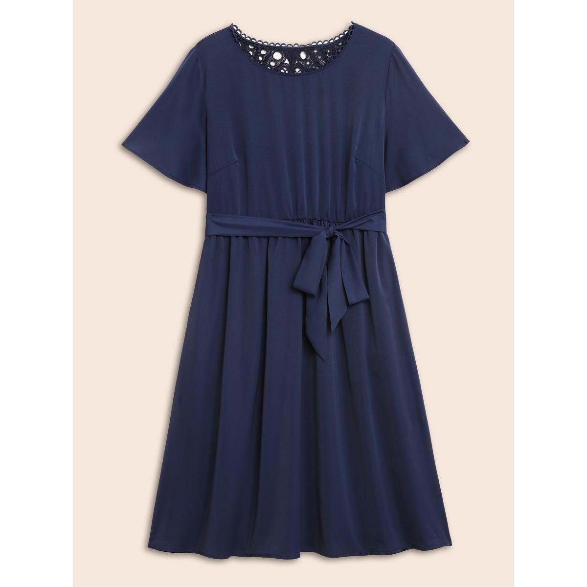 Plus Size Round Neck Lace Patchwork Ruffle Sleeve Dress DarkBlue Women Elegant Woven ribbon&lace trim Round Neck Short sleeve Curvy BloomChic 10/M Product Image