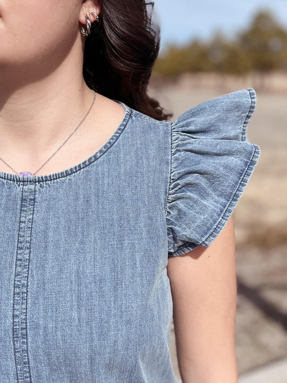 Ruffled Sleeve Washed Denim Mini Dress w/ Bow Detail Product Image