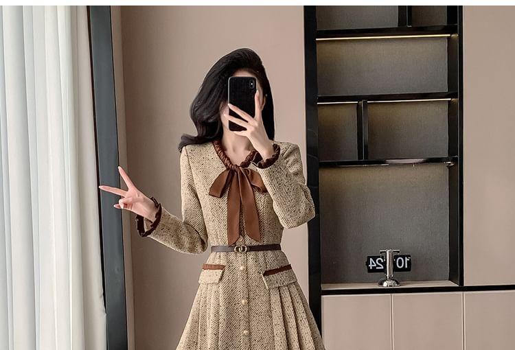 Long-Sleeve Ribbon Neck Tweed Mini A-Line Pleated Dress Product Image