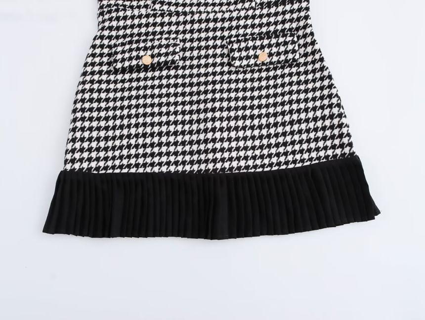 Long-Sleeve Round Neck Houndstooth Panel Mini A-Line Dress Product Image