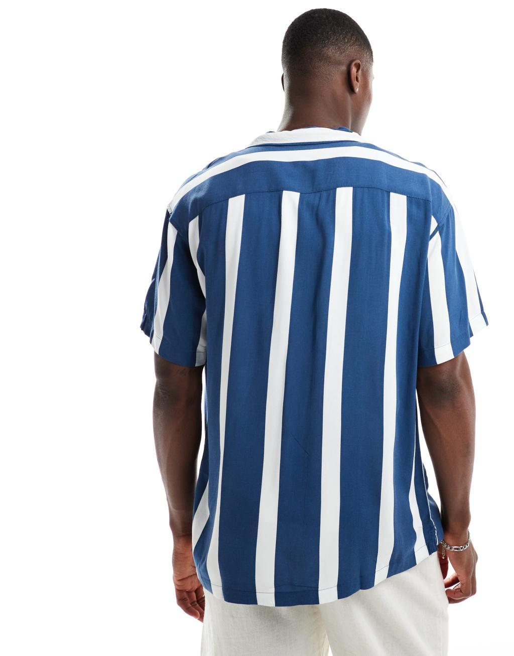 Jack & Jones camp collar shirt with vertical stripe in blue Product Image