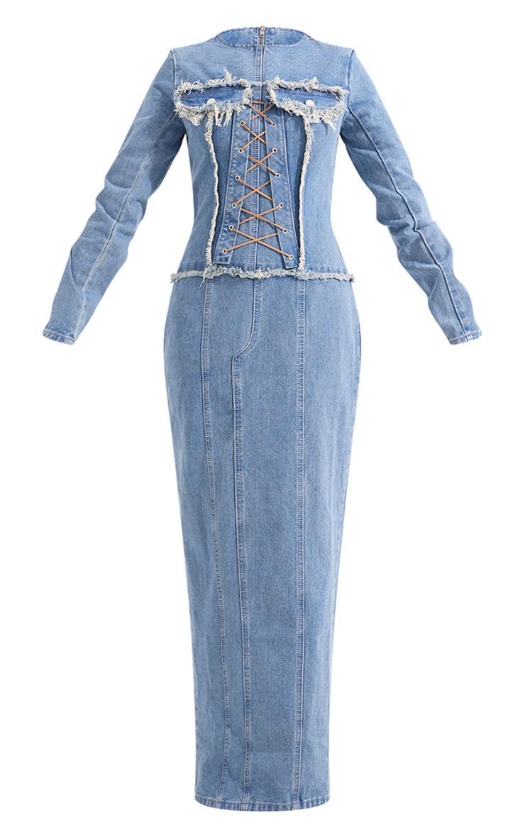 Light Blue Wash Freyed Pannel Detail Lace Up Maxi Denim Dress Product Image