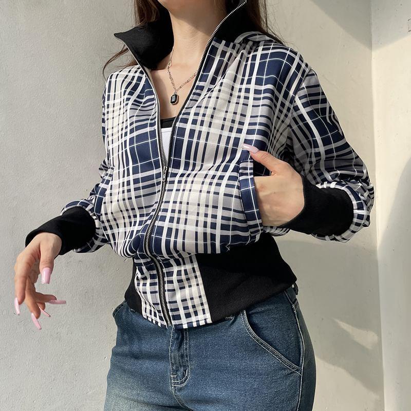 Stand Collar Plaid Zip Bomber Jacket Product Image