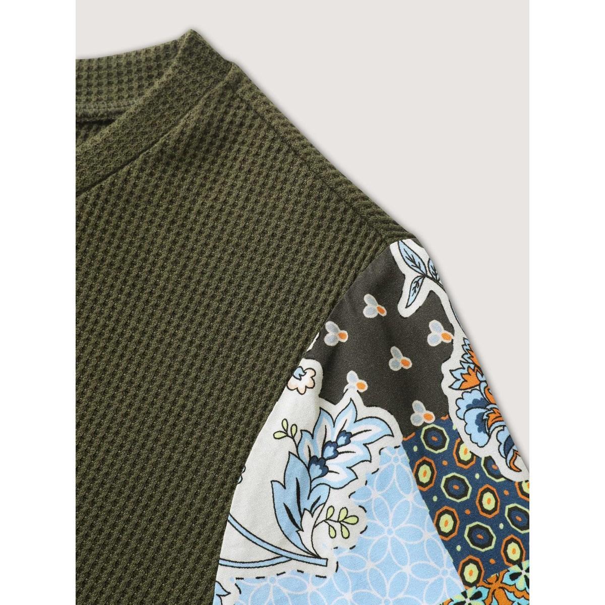 Plus Size Boho Print Ribbed Sleeve Tie Sweatshirt Women ArmyGreen Round Neck Vacation Sweatshirts BloomChic 28/5X Product Image