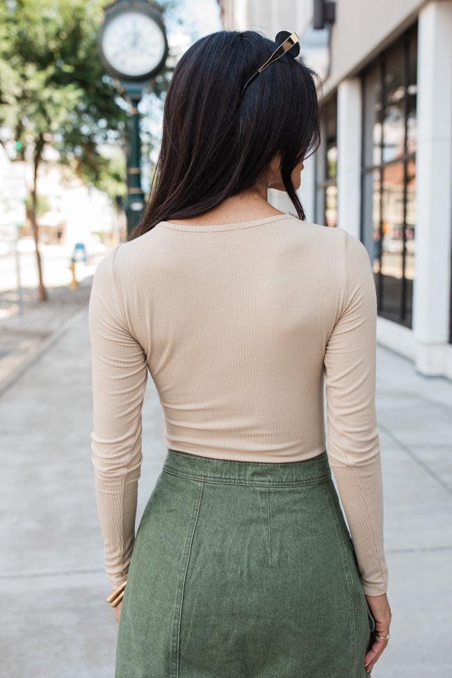 Going Strong Tan Ribbed V-Neck Bodysuit FINAL SALE Product Image