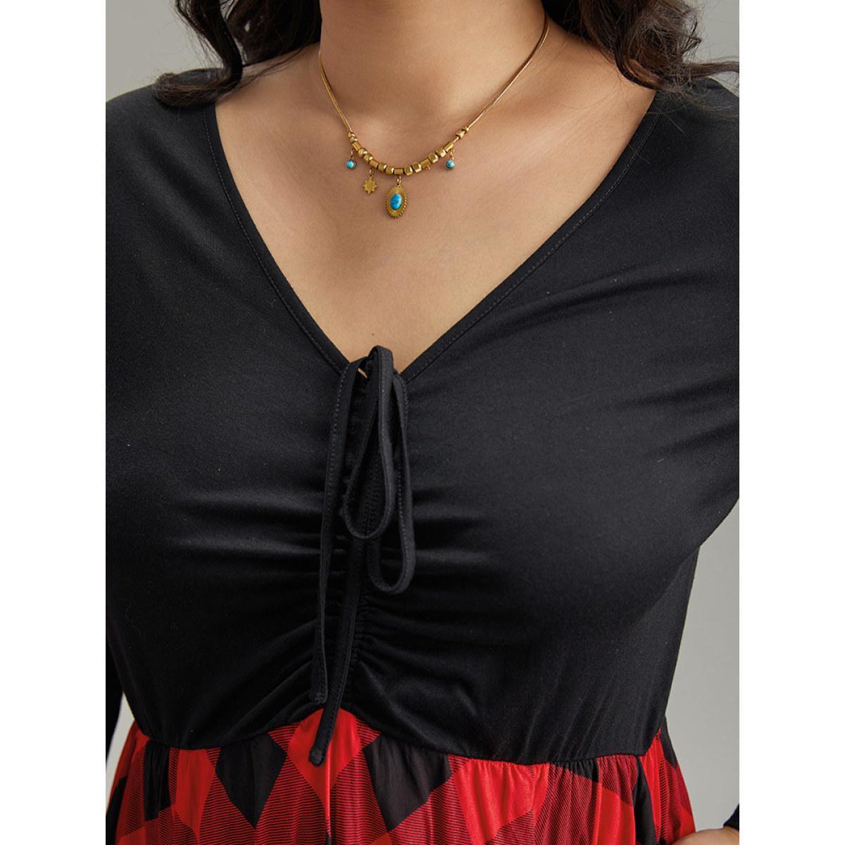 Plus Size Plaid Ruched Drawstring Asymmetrical Hem Dress Black Women Casual Printed Tie Neck Long Sleeve Curvy Midi Dress BloomChic 14-16/1X Product Image