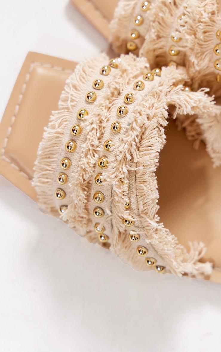 Beige Pu Square Toe Frayed Stud Detail Strap Flat Sandals Product Image