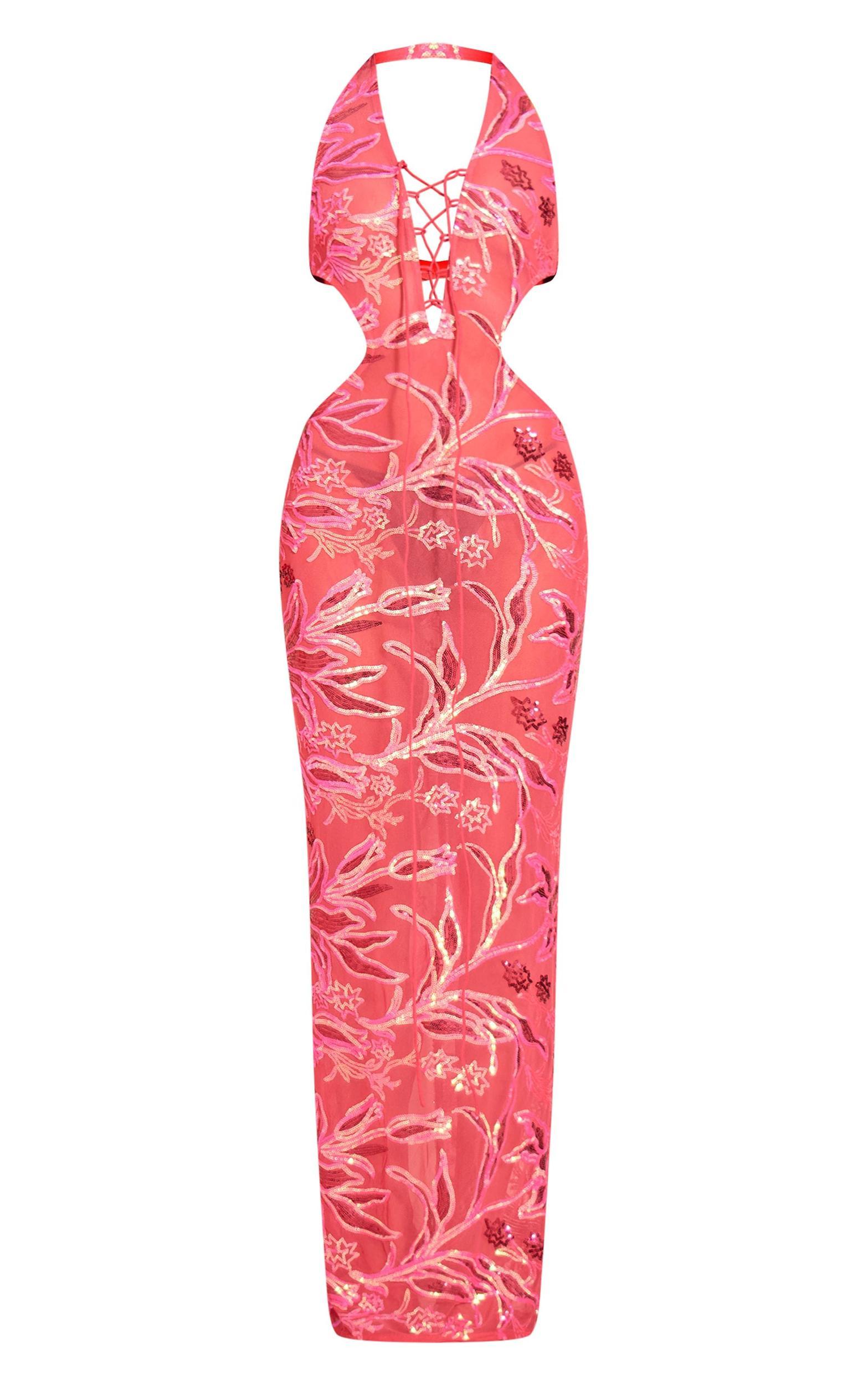 Pink Sequin Plunge Maxi Dress Product Image