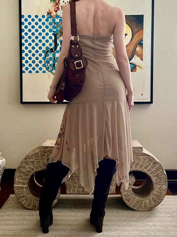 Boho Print Off Shoulder Irregular Hem Mesh Midi Dress Product Image