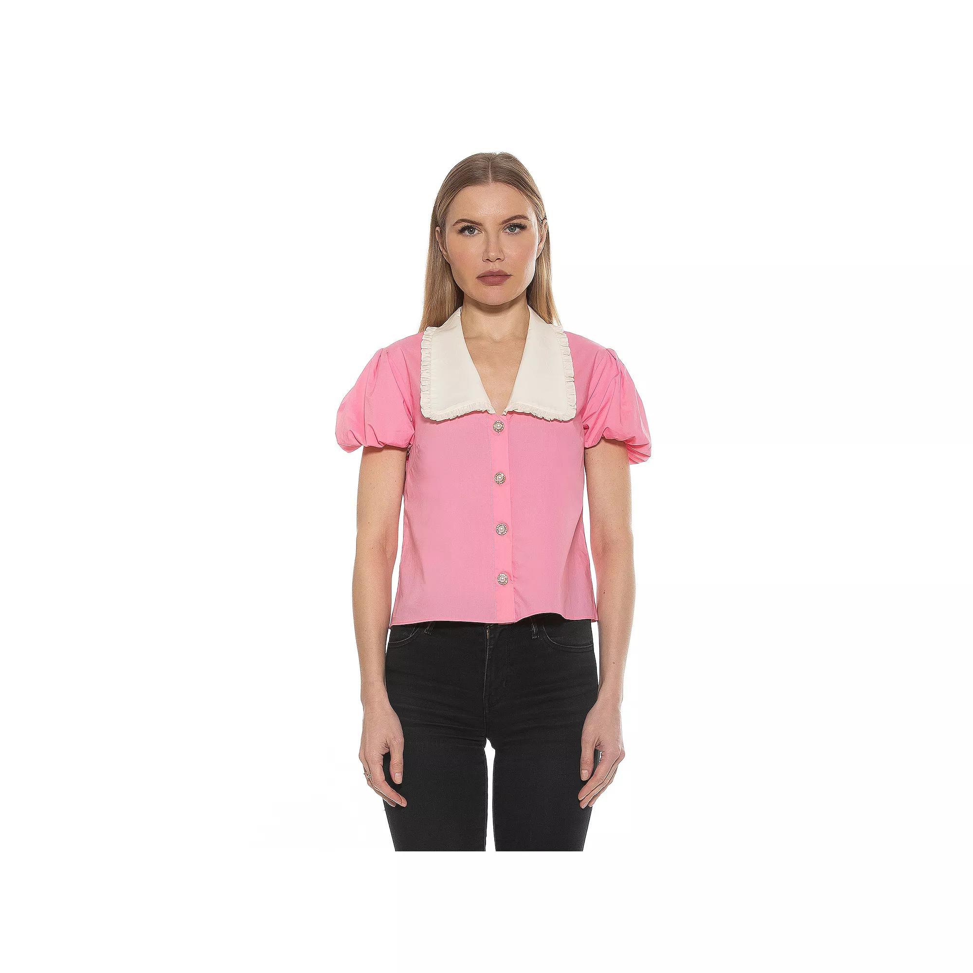 Women's ALEXIA ADMOR Sandra Short Sleeve Top with Embellished Button, Size: 8, Pink Product Image