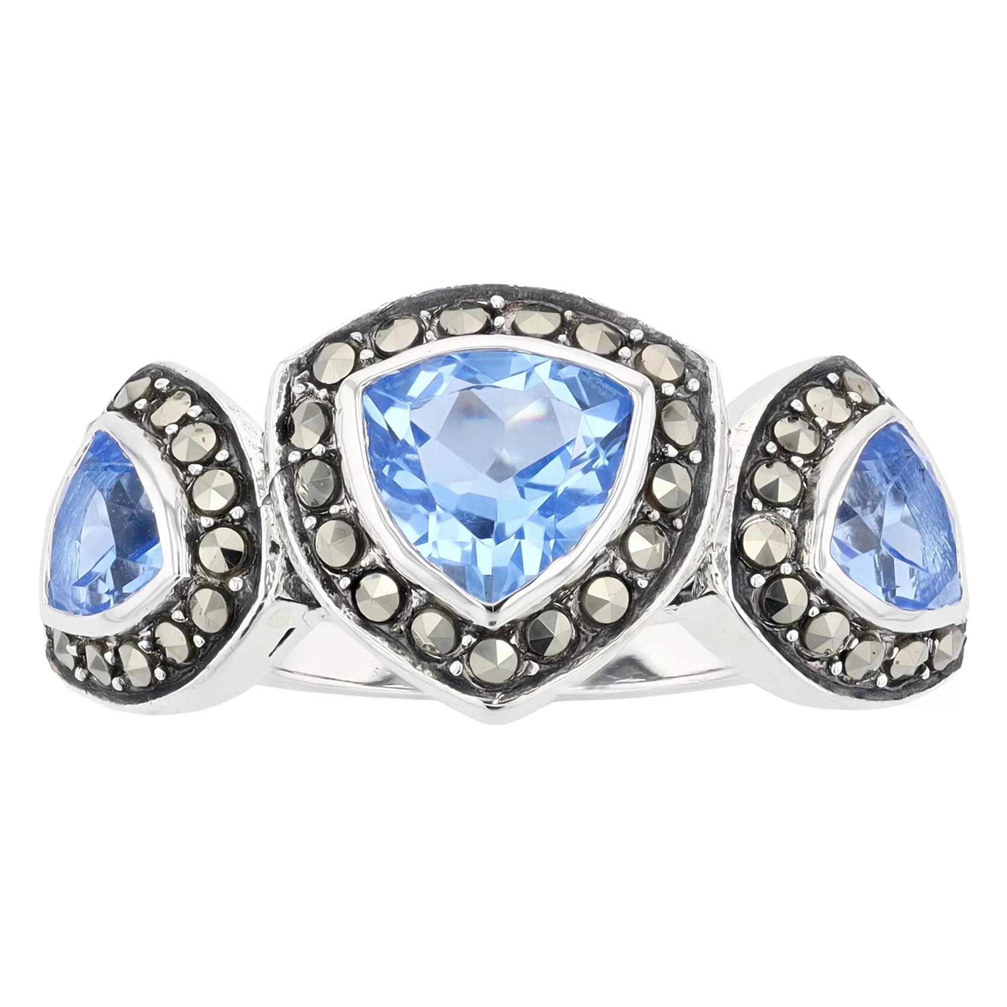 Lavish by TJM Sterling Silver Trillion Cut Lab Created Blue Quartz & Marcasite Ring, Women's, Size: 8 Product Image
