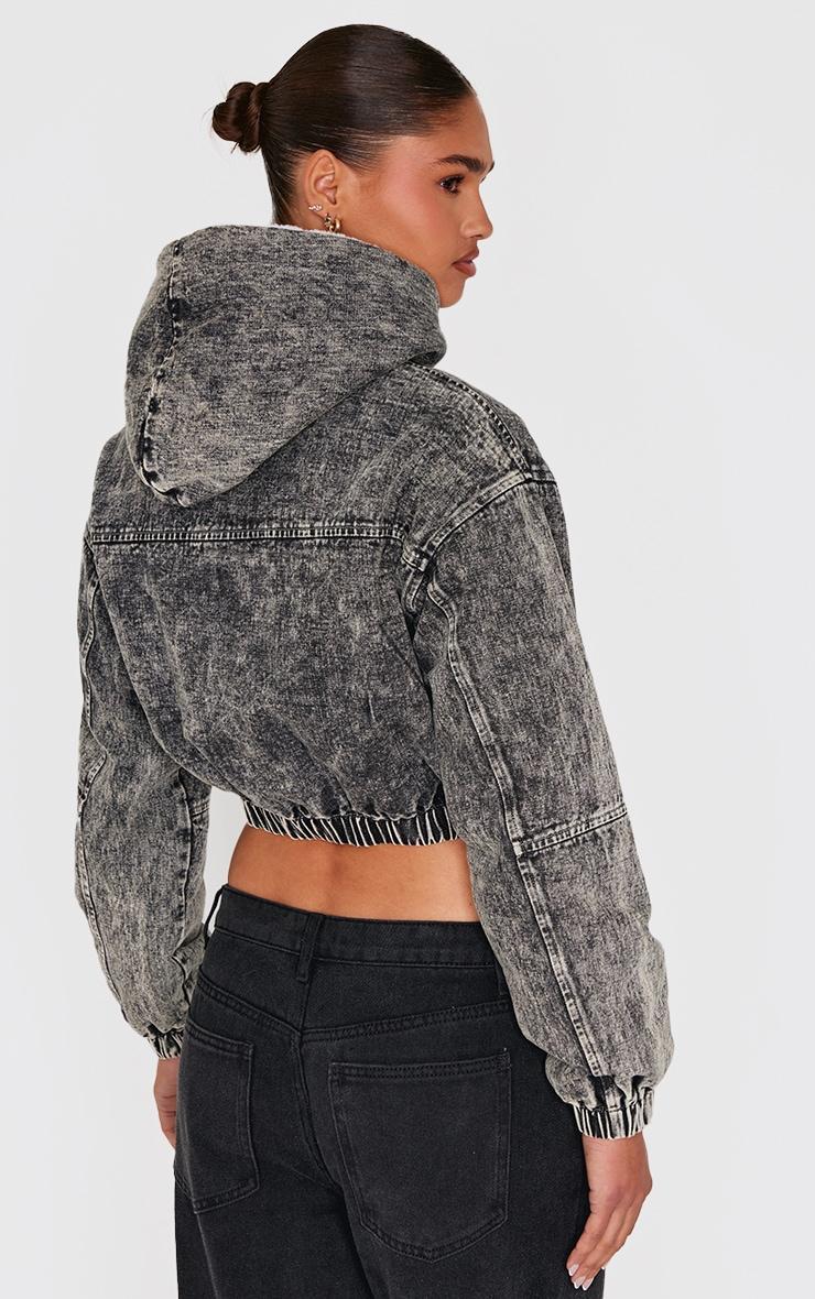 Washed Grey Faux Fur Lined Hood Cropped Denim Jacket Product Image
