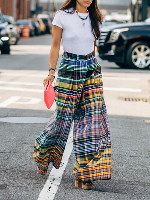 Stylish Selection Wide Leg Loose Checkerboard Printed Casual Pants Bottoms Product Image