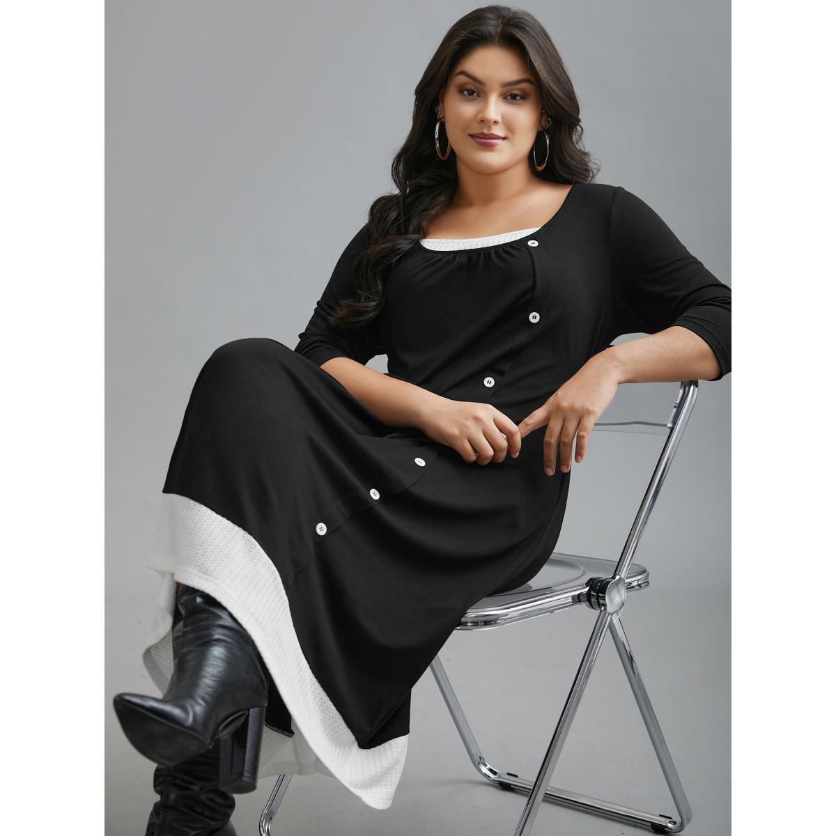 Plus Size Square Neck Color Block Button Detail Dress Black Women Elegant Gathered Knit Dresses Bloomchic 14-16/1X Product Image