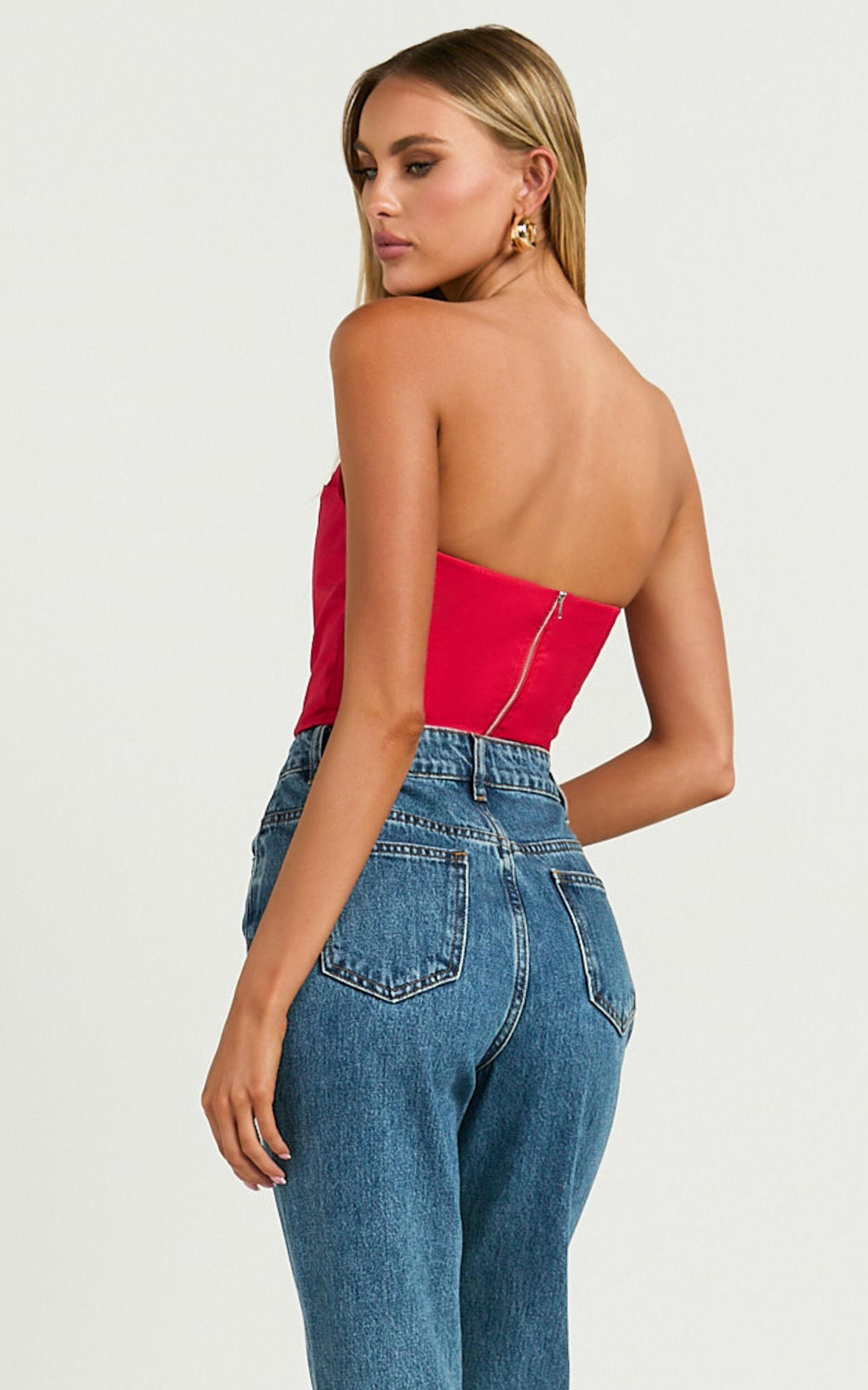 Marcelle Top - Strapless Cowl Corset Satin Top in Red Product Image