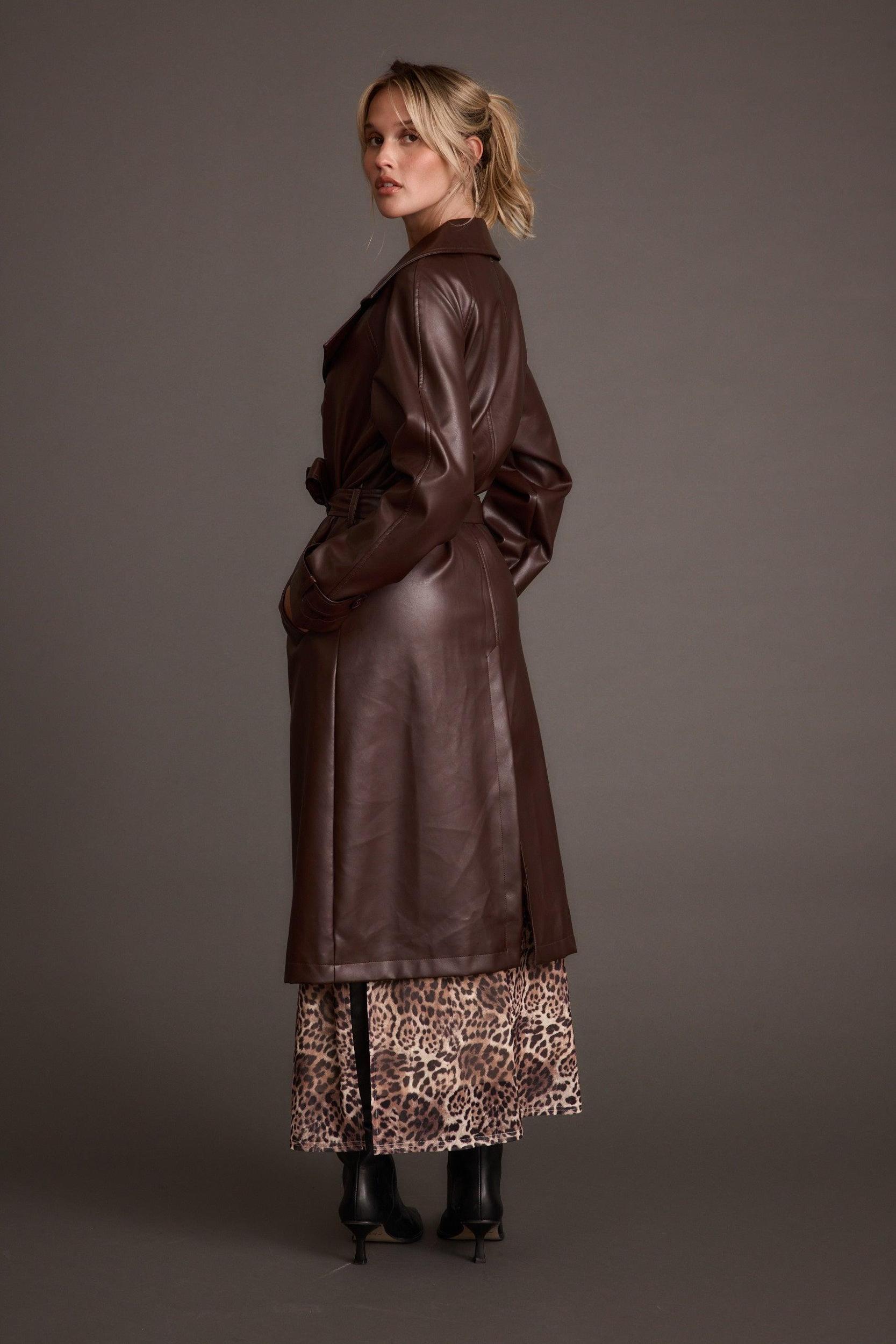 Brynne Faux Leather Mahogany Brown Trench Product Image