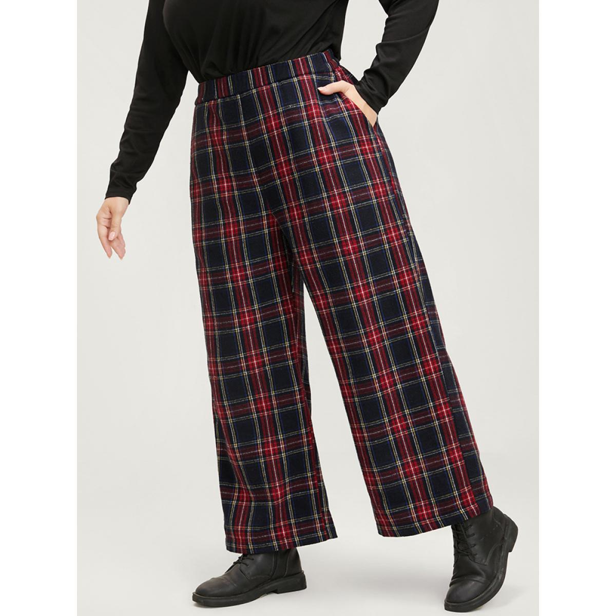 Plus Size Plaid Elastic Waist Pocket High Rise Pants Women Black Elegant High Rise Dailywear Pants BloomChic 26/4X Product Image