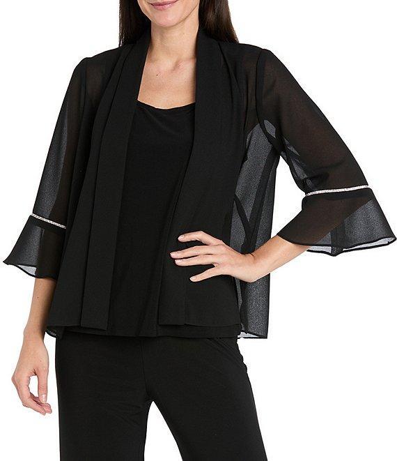 R & M Richards Pebble Georgette Rolled Neckband Rhinestone 3/4 Sleeve Jacket Product Image