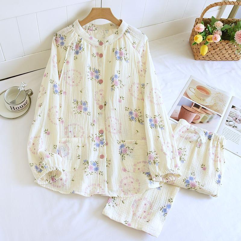 Pajama Set: Long-Sleeve Patterned Top + Pants Product Image
