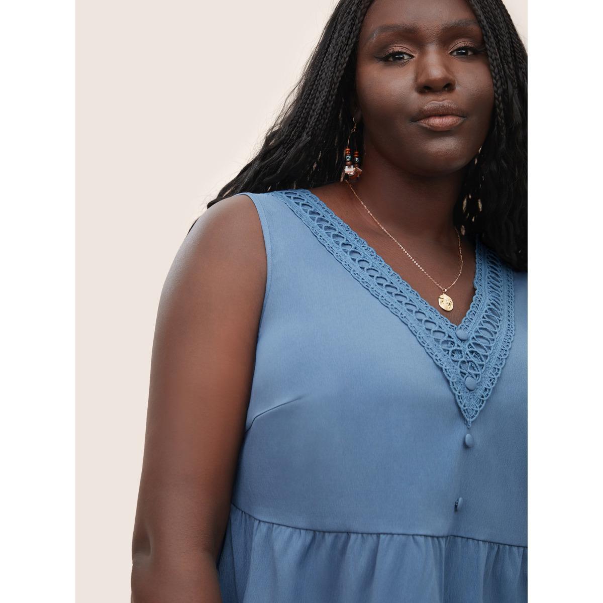 Plus Size Solid Lace Patchwork Gathered Tank Top Women Stone Elegant Button V-neck Everyday Tank Tops Camis BloomChic 14-16/1X Product Image