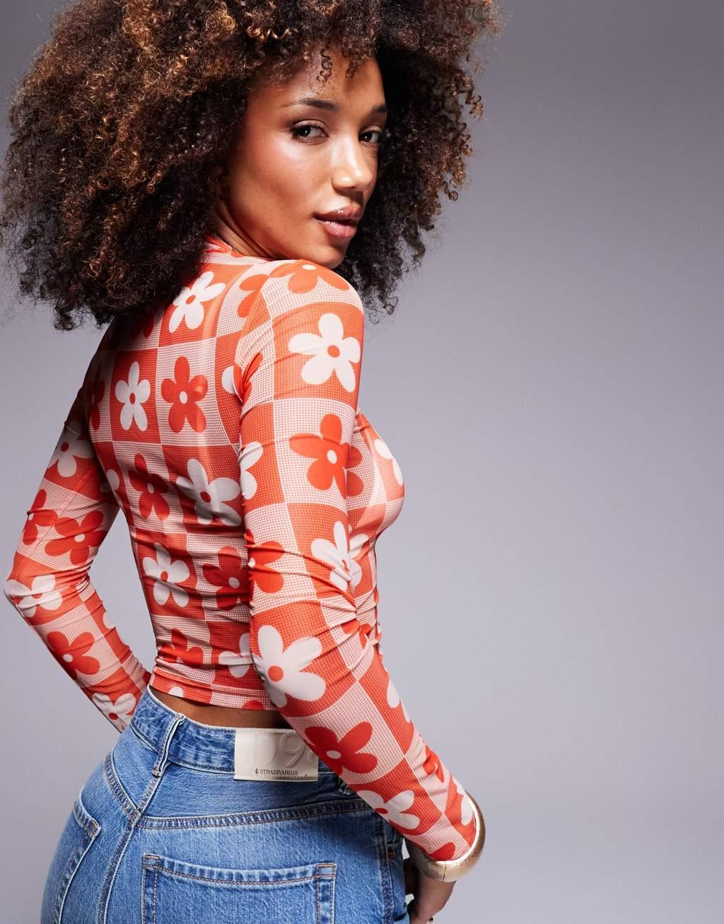 HUGO Blue dasori floral print long sleeve mesh top Product Image