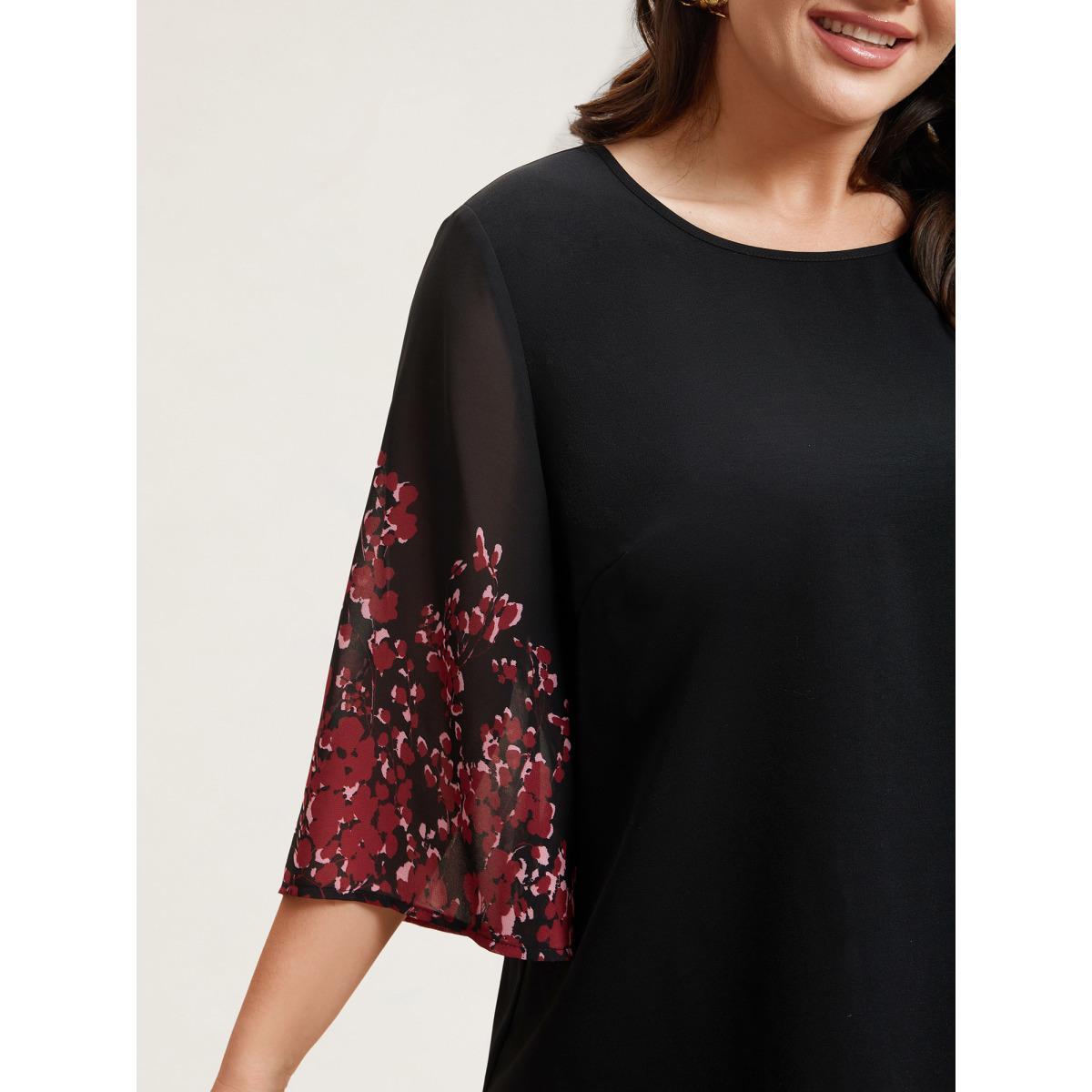 Plus Size Black Floral Spliced Round Neck Blouse Women Elegant Elbow-length sleeve Non Everyday Blouses BloomChic 22-24/3X Product Image
