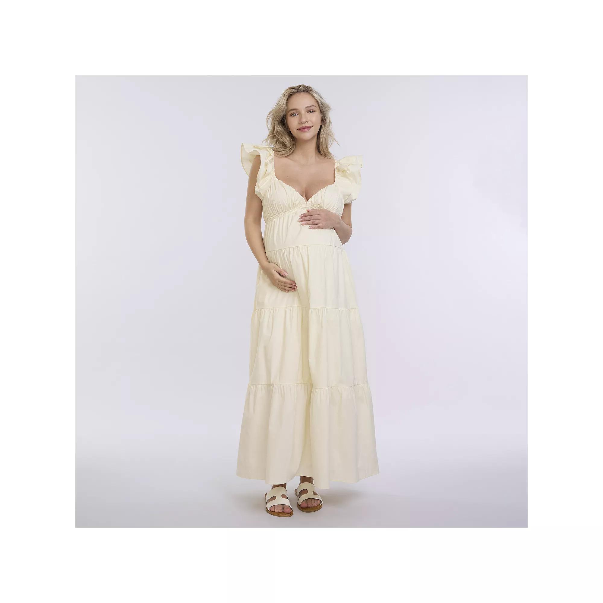 Maternity Motherhood® Babydoll Ruffle Maxi Dress, Women's, Size: Small-Mat, Winter White Product Image