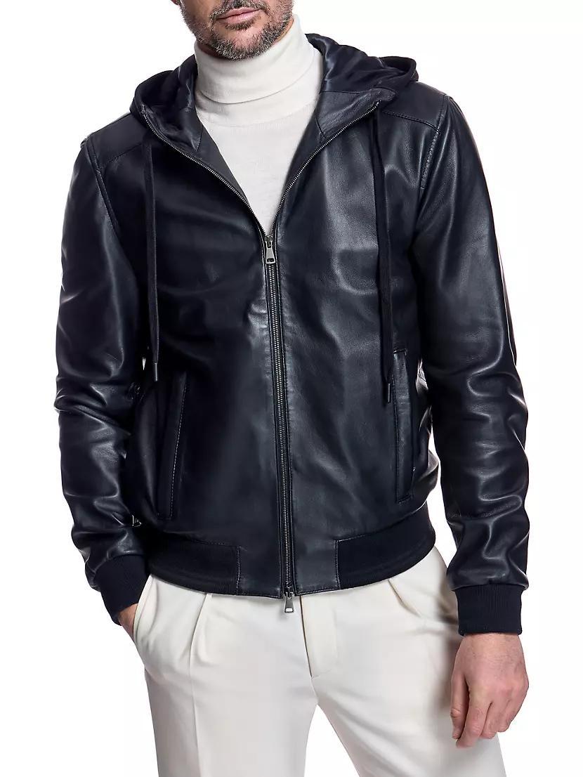 Slim Hooded Leather Bomber Jacket Product Image