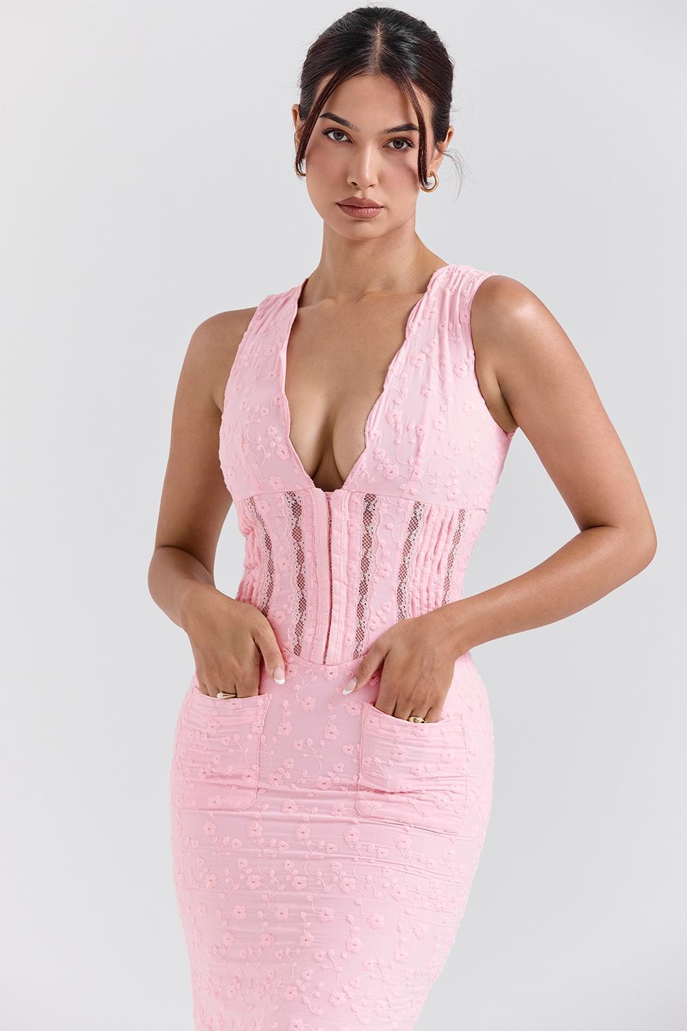 Sophina  perfectly pink broderie anglais plunge maxi dress Product Image
