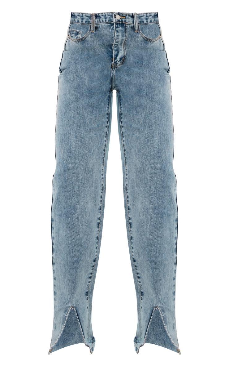 Light Blue Wash Front Split Long Leg Straight Jeans Product Image