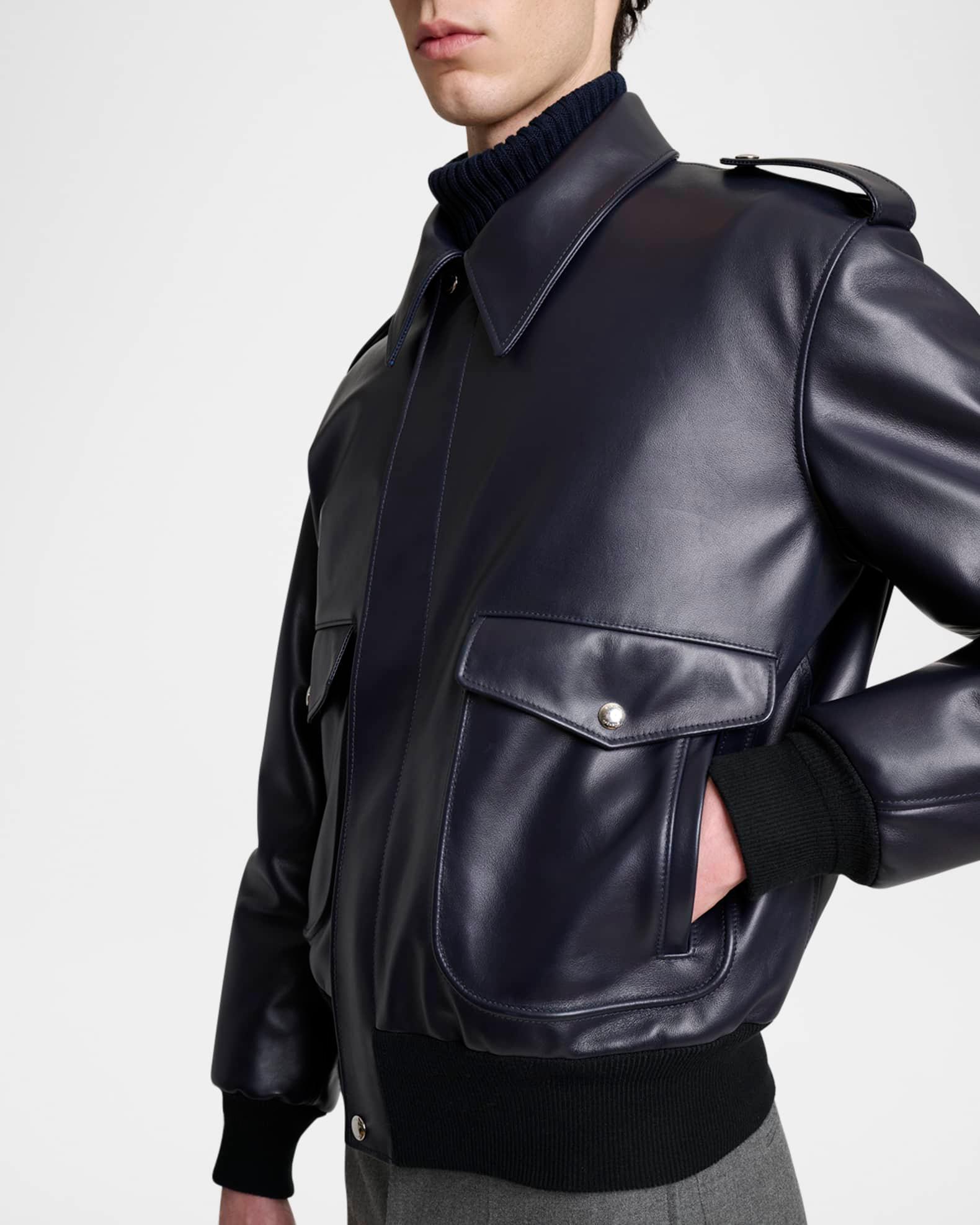 Men's Leather Concealed-Zip Bomber Jacket Product Image