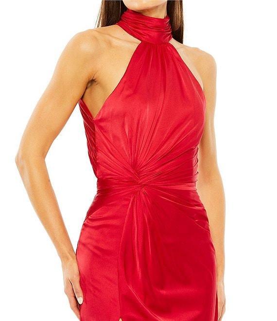 Mac Duggal Satin Halter Mock Neck Sleeveless Side Ruched Gown Product Image