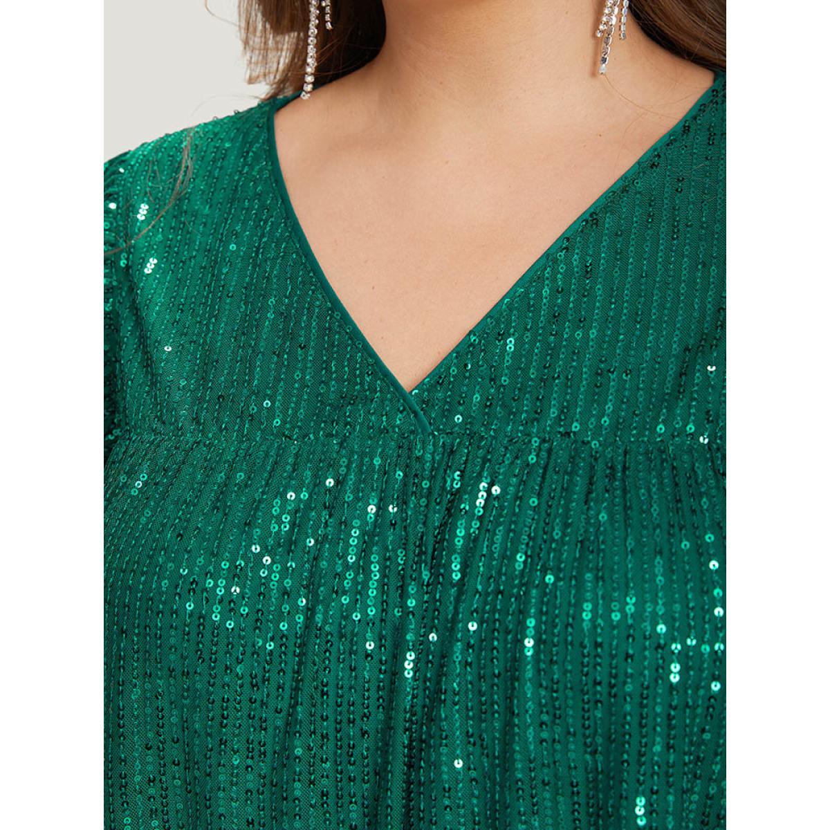 Plus Size Sequin Mesh Pocket Cap Sleeve Ruffle Trim Dress Emerald Women Party Plain V-neck Half Sleeve Curvy Knee Dress BloomChic 28/5X Product Image