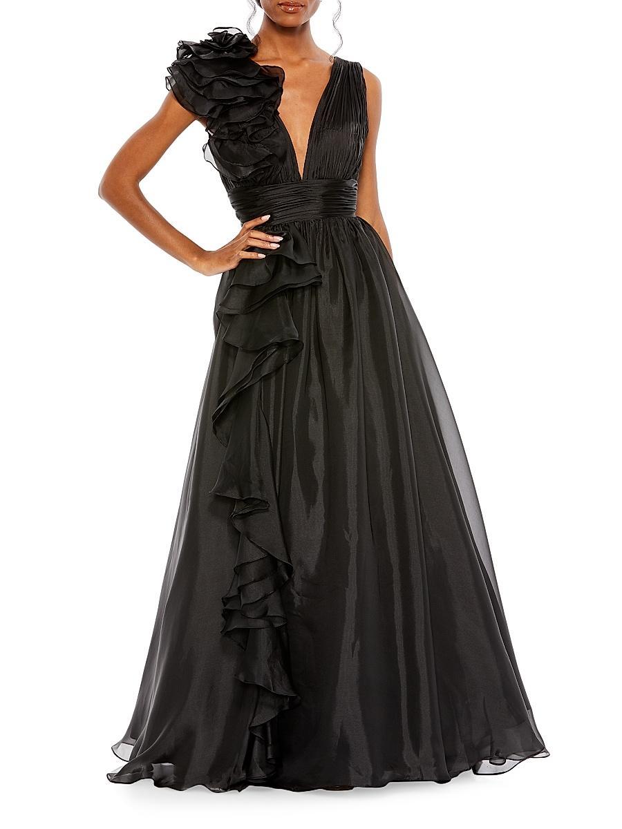 Mac Duggal Ruffle Shoulder V-Neck Chiffon Gown Product Image