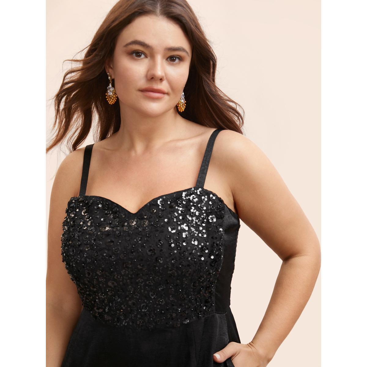 Plus Size Sequin Patchwork Split Hem Cami Dress Black Women Cocktail Texture Heart neckline Sleeveless Curvy BloomChic 14-16/1X Product Image