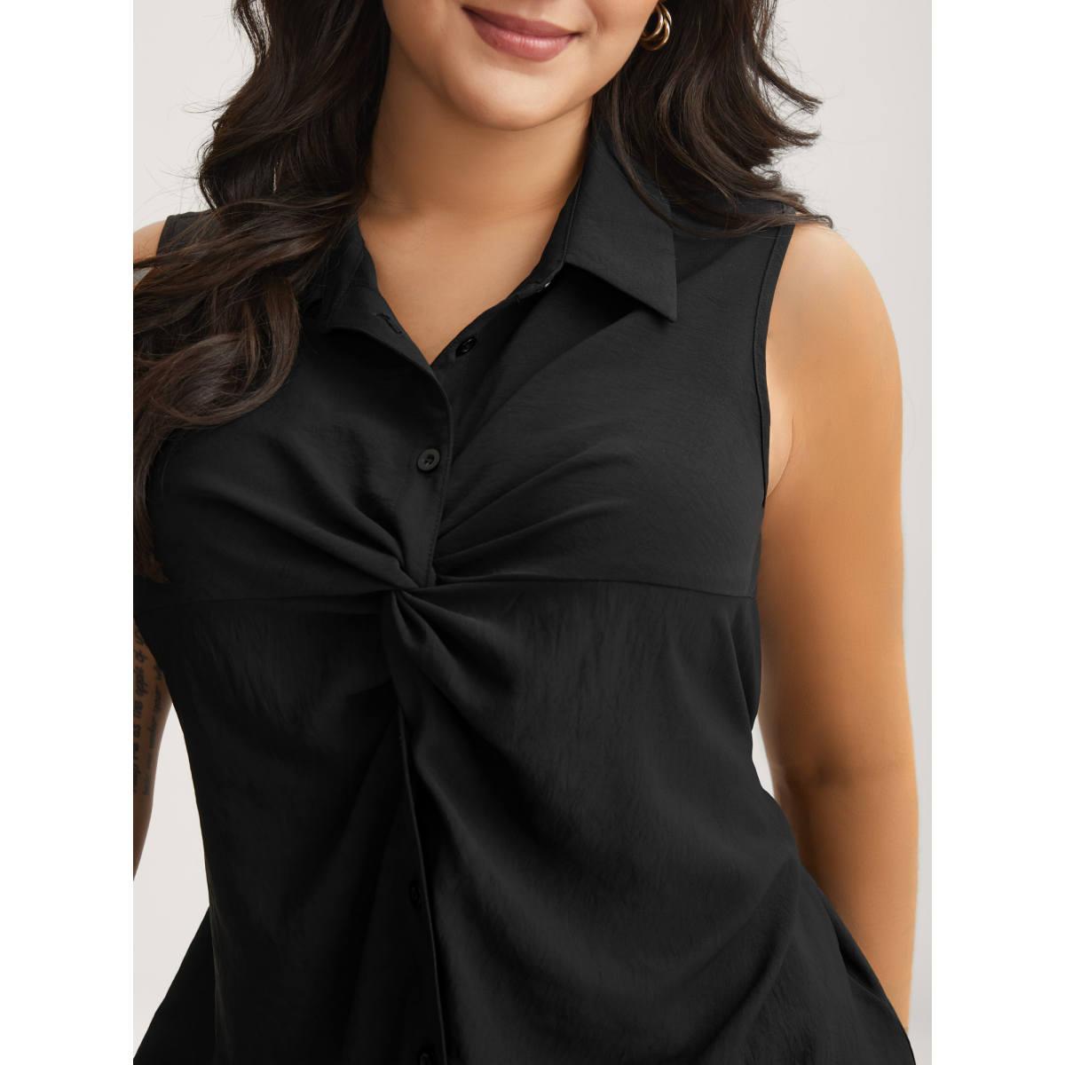 Plus Size Twist Front Button Placket Tank Top Women Black Twist Shirt collar Work Tank Tops Camis BloomChic 30/6X Product Image