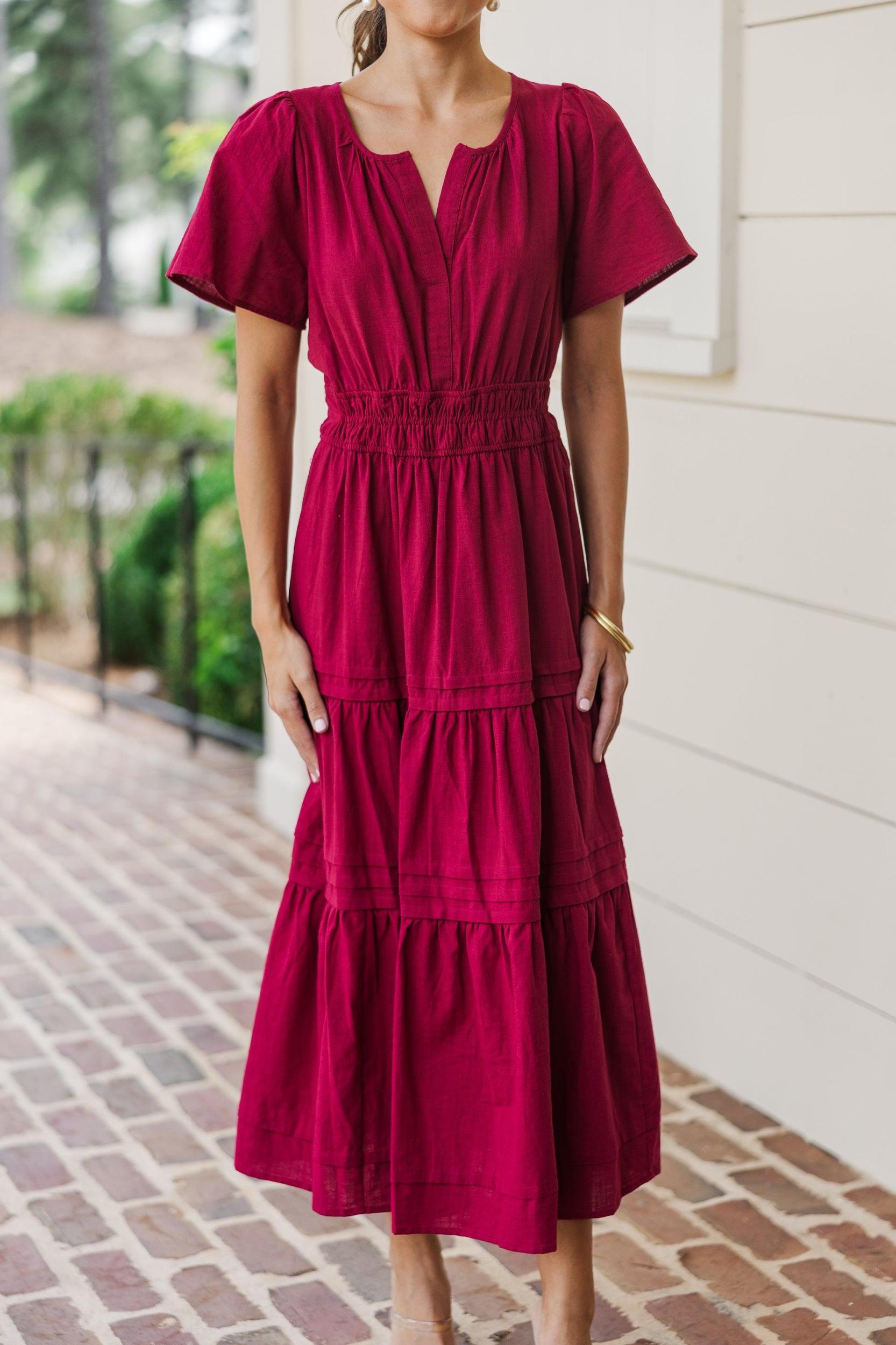 It's In The Air Burgundy Red Tiered Midi Dress Female Product Image