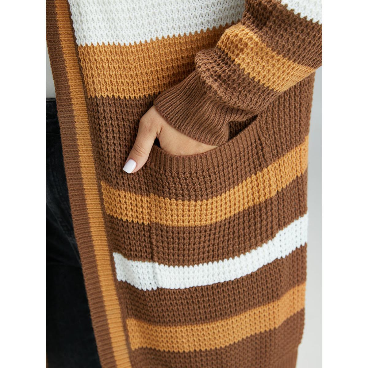 Plus Size Contrast Open Front Patched Pocket Tunic Cardigan Multicolor Women Casual Loose Long Sleeve Dailywear Cardigans BloomChic 30/6X Product Image